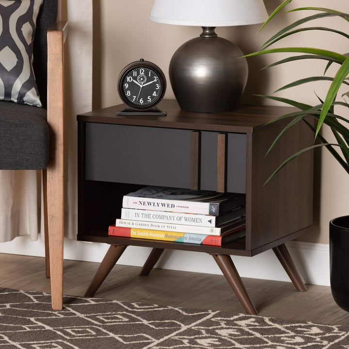 Modern and Contemporary 1-Drawer Nightstand Grey Wood Walnut Finish Shelf