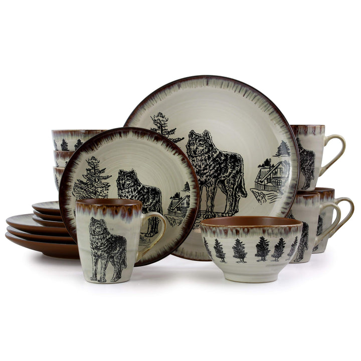 Winter Wolf 16 Piece Round Stoneware Dinnerware Set in Taupe Beige Animal Casual