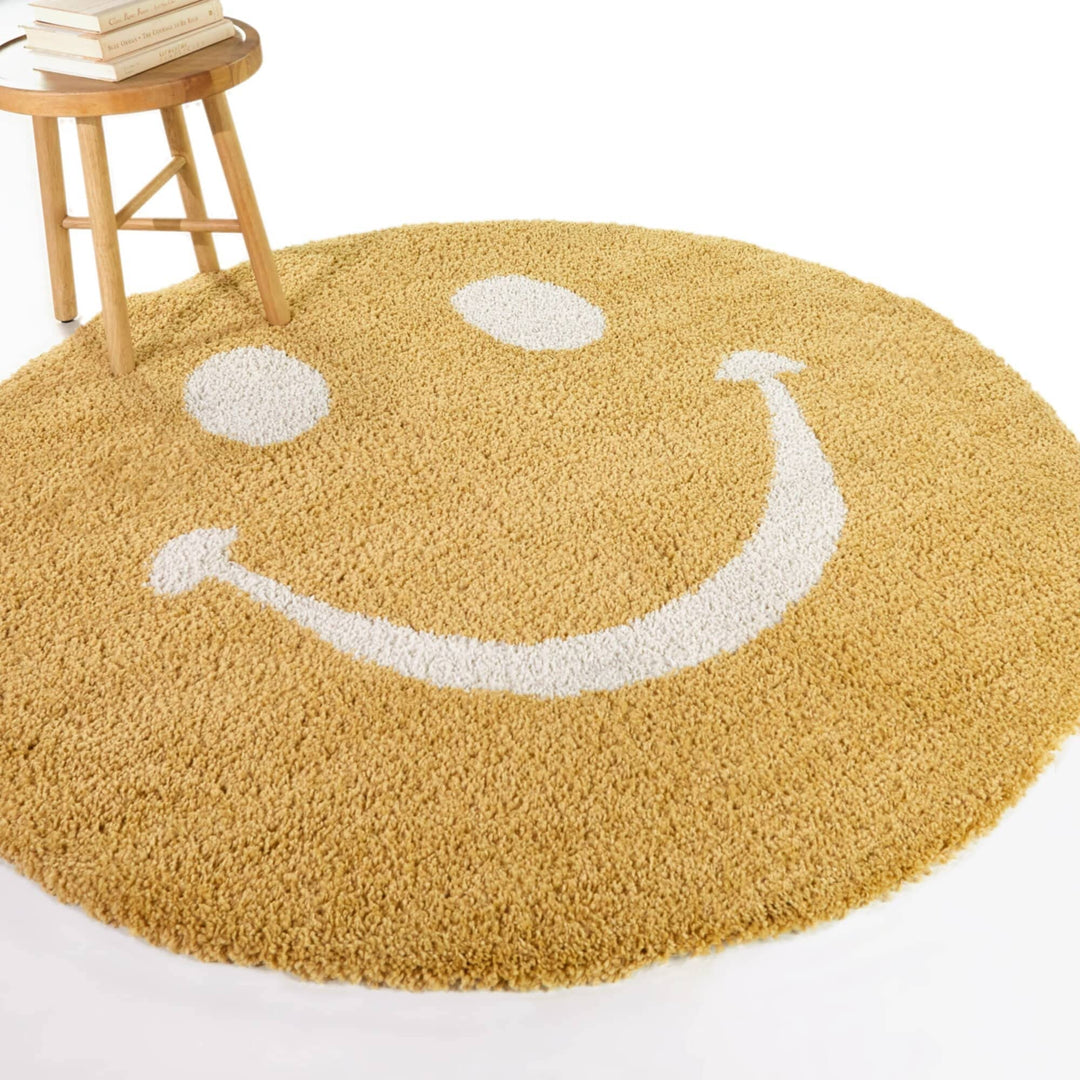 Smiley Face Kids Shag Area Rug 5'3" Round Cream White Yellow Novelty Tween