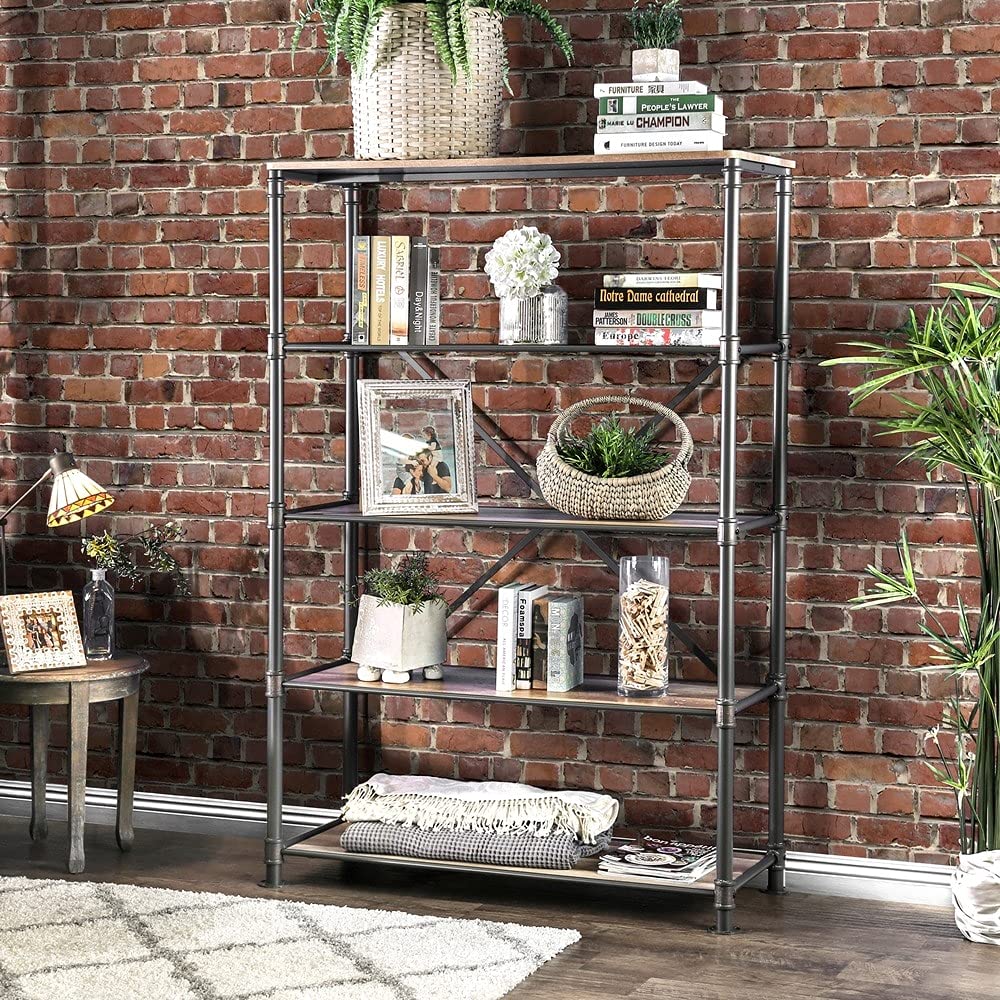 Furniture of America Revo Industrial Pipe-Inspired 5-Tier Sand Black Bookshelf