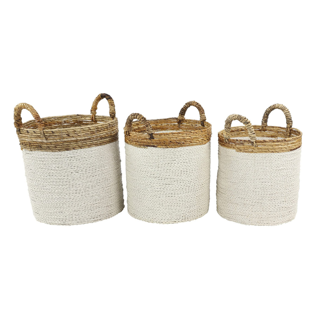 White Dried Plant Material Coastal Storage Basket (Set Of 3) 16 X 16round Rattan