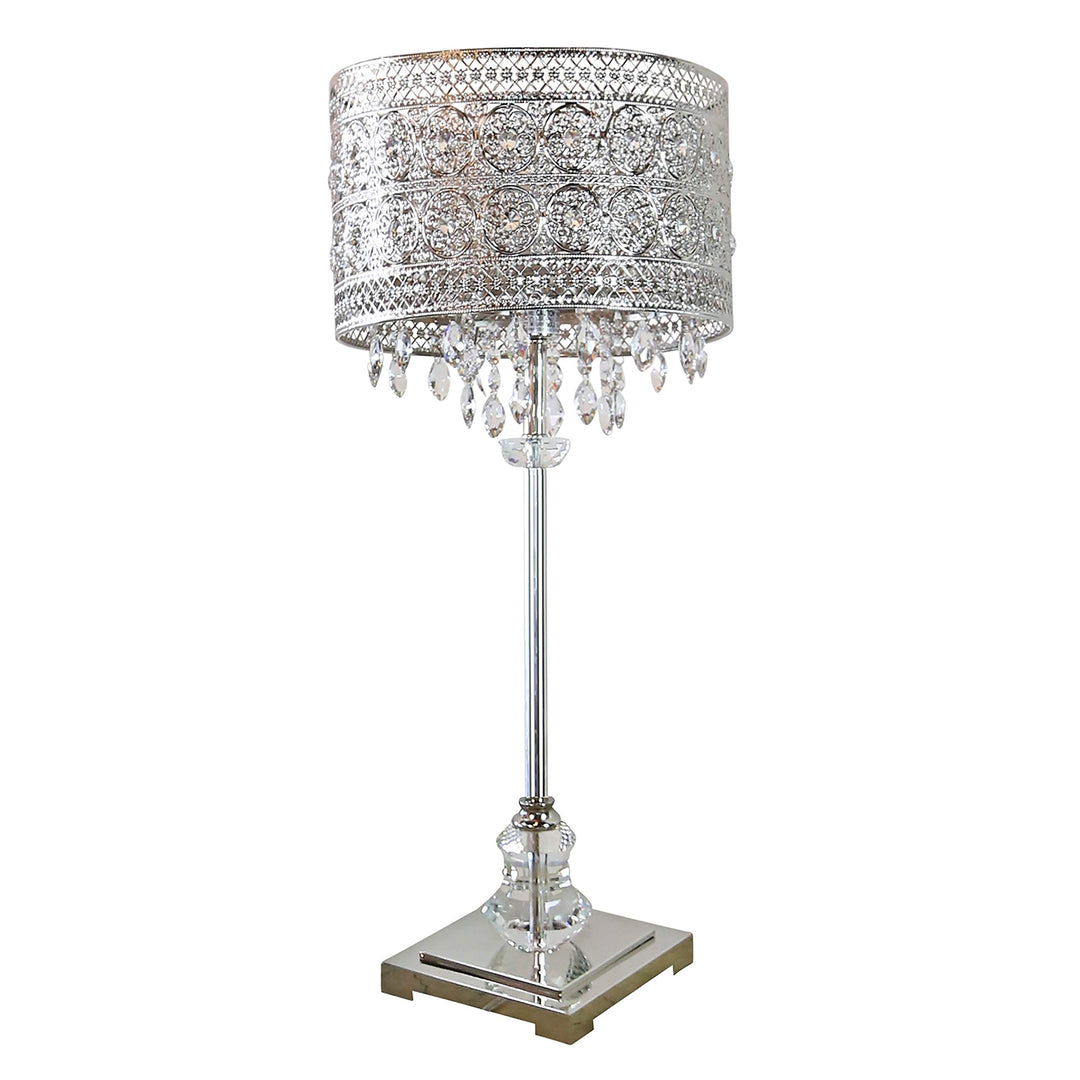 Polished Nickel and Crystal 1-Light Buffet Table Lamp - 12.2" l X 12.2" w 28.75"