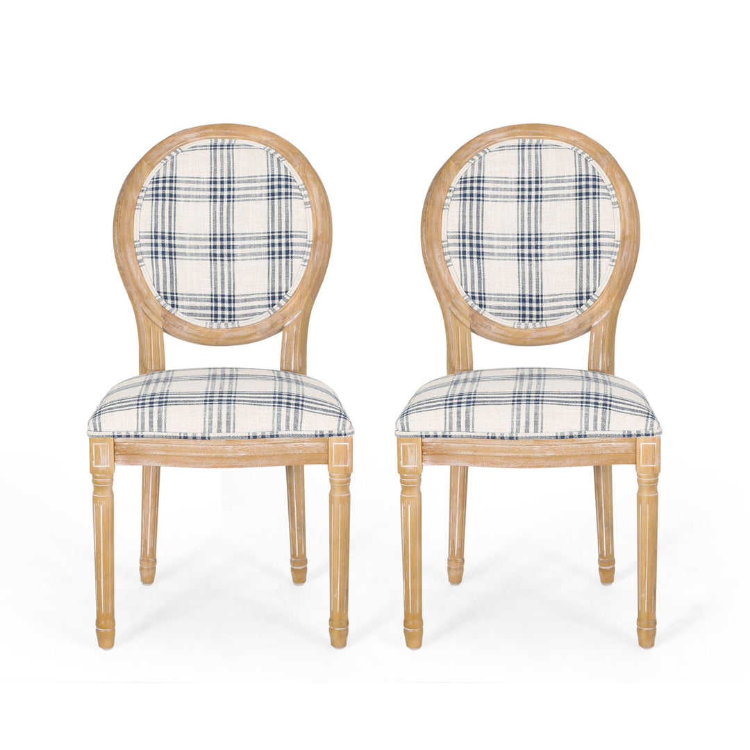 Christopher Knight Home Phinnaeus Dining Chair Set Set of 2 Fabric Dark Blue Dark Blue Plaid + Light Beige + Natural