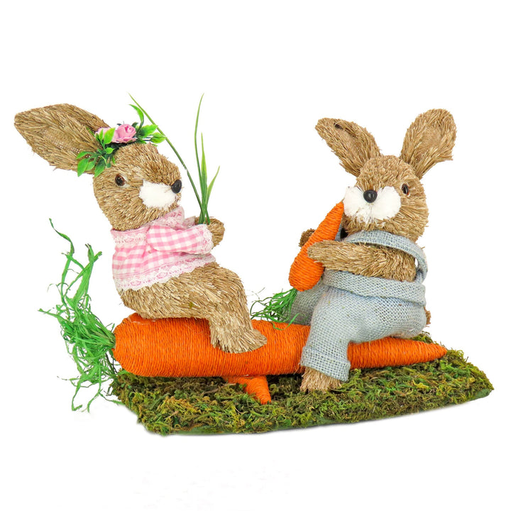 14" Two Easter Bunnies On Carrot Seesaw 14 in Brown Traditional Plastic Handmade