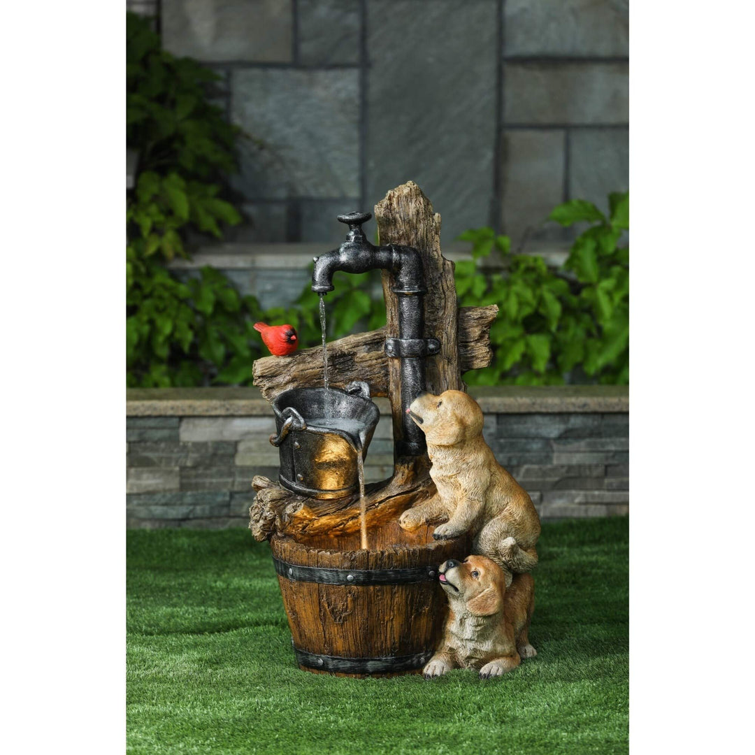 Resin Puppies and Water Pump Outdoor Patio Fountain with Led Light Multi Color