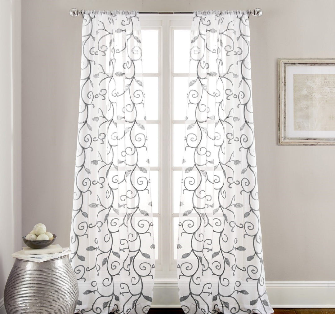 D&H 2 Piece Grey White Leaf wirl Design Floral Graphic Pattern Window Curtain