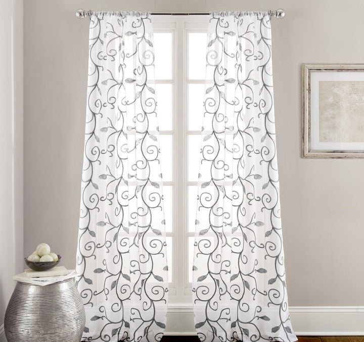 D&H 2 Piece Grey White Leaf wirl Design Floral Graphic Pattern Window Curtain