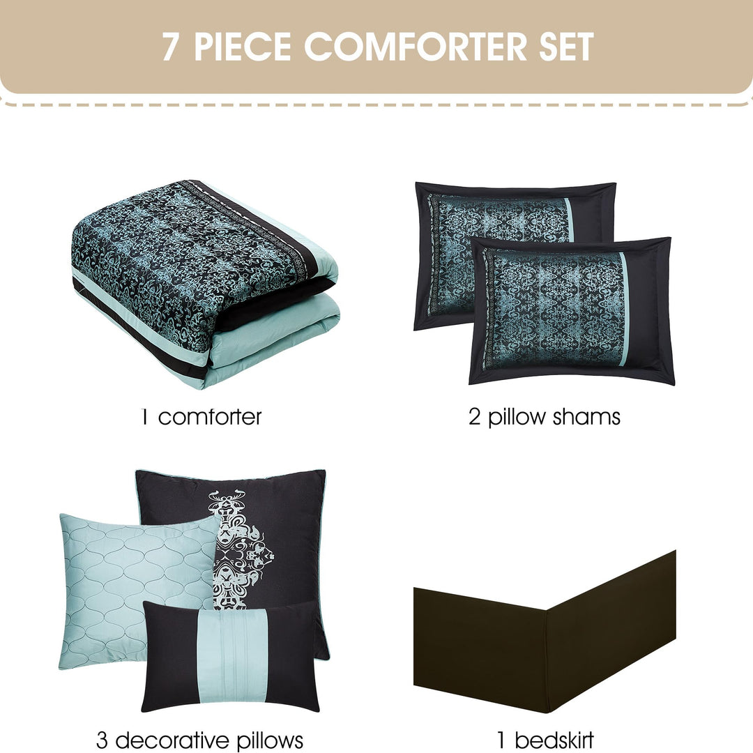 Grand Avenue Damask 7 Piece Comforter Set Aqua/Black