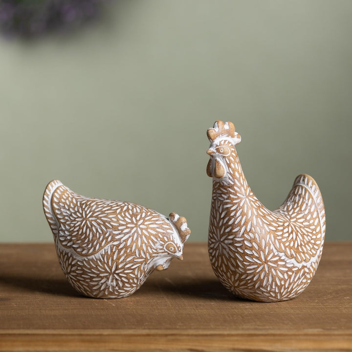 Etched Chicken Figurine (Set of 2) White Traditional Resin