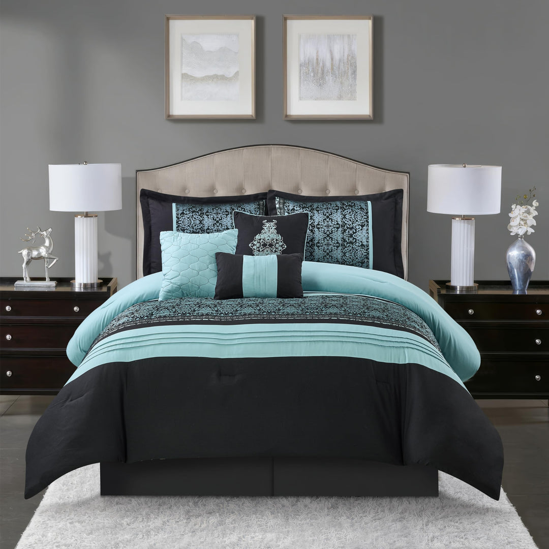 Grand Avenue Damask 7 Piece Comforter Set King Aqua/Black King - Aqua/Black