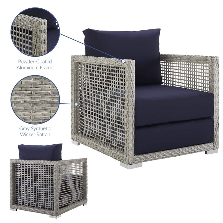 Modway Aura Wicker Rattan Outdoor Patio Arm Chair with Cushions in Gray Navy