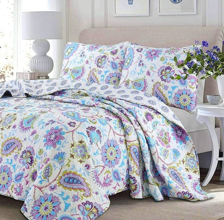 Sunburst Flowers Turquoise Blue Violet White Lavender Quilt Set - Blooming Queen