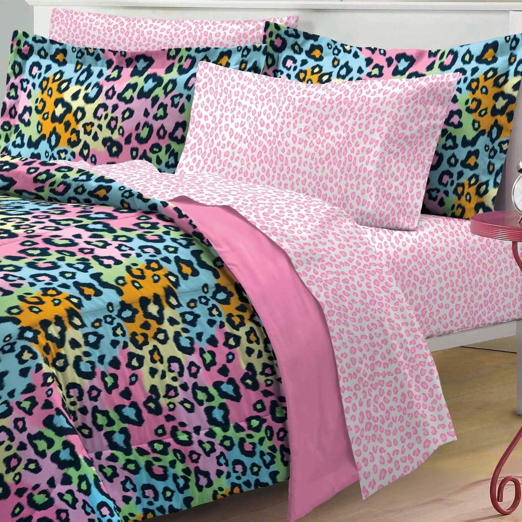 D&H 5 Piece Girls Teen Rainbow Leopard Themed Comforter Twin XL Set All Over