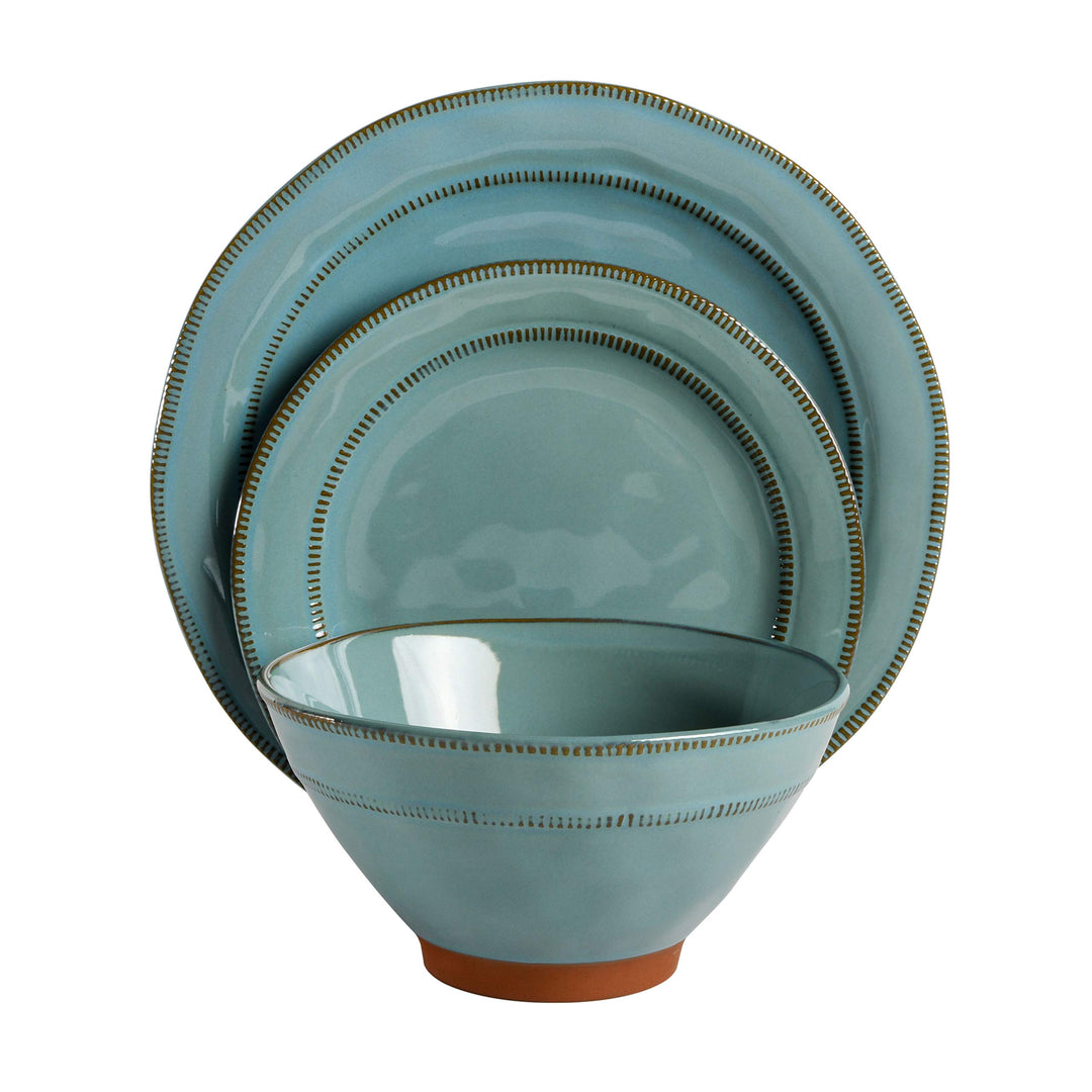 Gibson Elite Terranea Round Reactive Glaze Terra Cotta Dinnerware Set Service Teal