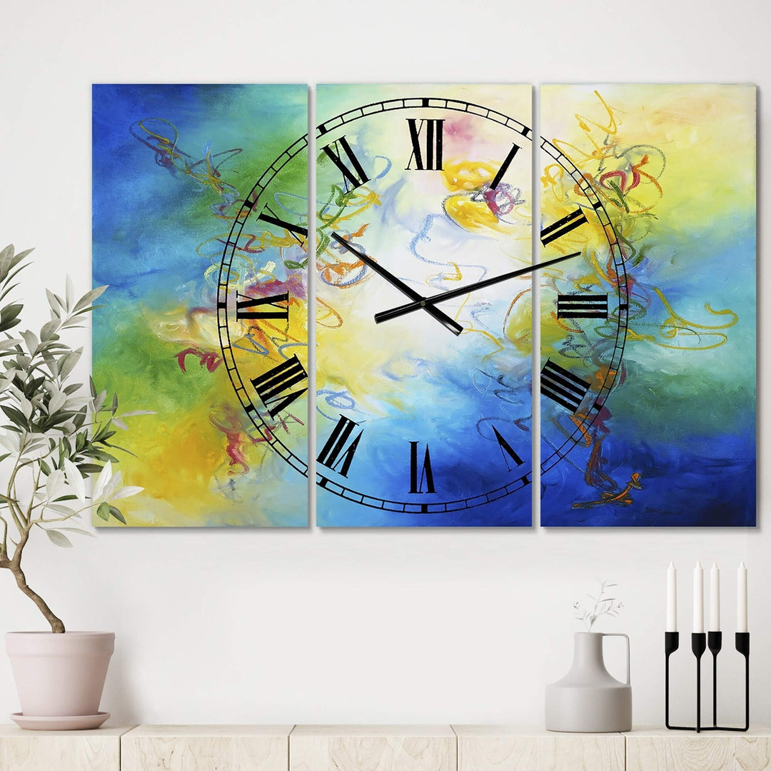 Color Dances' Oversized Modern Wall Clock - 3 Panels 36 in. Wide X 28 High