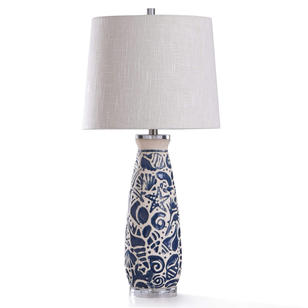 Coastal Motif Blue and Ivory Ceramic with Clear Acrylic Base Table Lamp