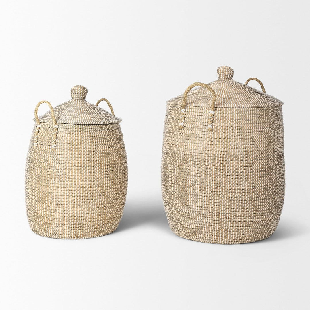 Set of 2 Seagrass Floor Baskets W/Lids and dles 20.9l X 20.9w 29.9h Beige