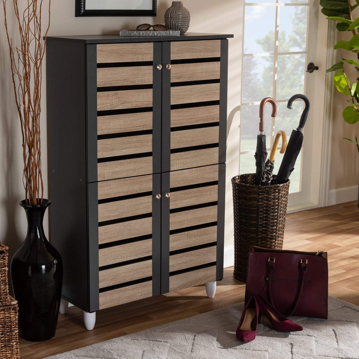 Contemporary Shoe Storage Cabinet Brown Modern Wood Includes Hardware