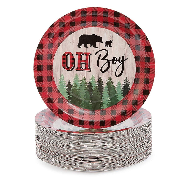 80-Pack Oh Boy Lumberjack Plaid Disposable Paper Plates 9" for Baby Shower Party