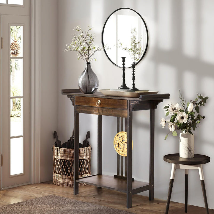 2 Tiers Bamboo Console Table Entryway Hallway with 1 Drawer Brown Vintage - Diamond Home USA