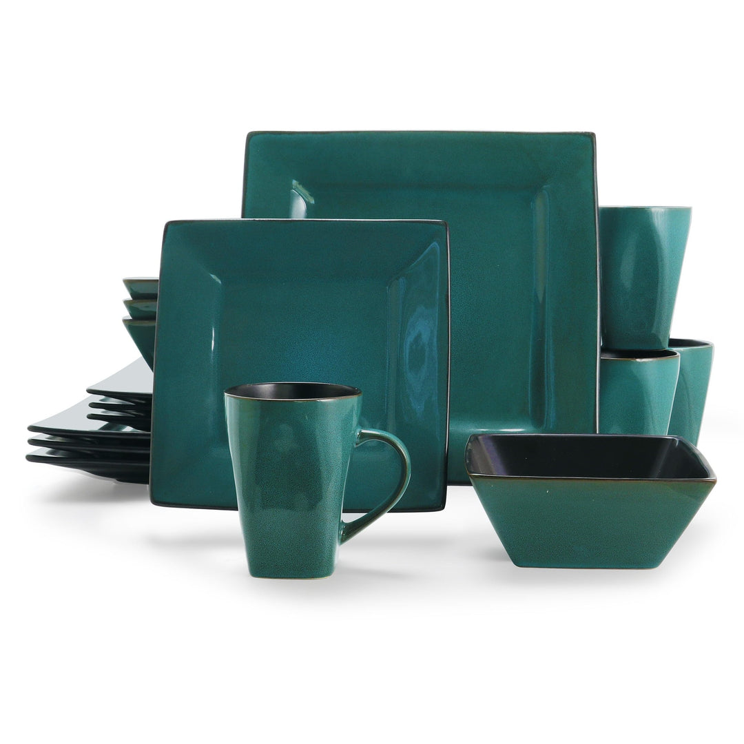 16 Piece Square Dinnerware Set In Dark Teal And Black Blue Solid Modern