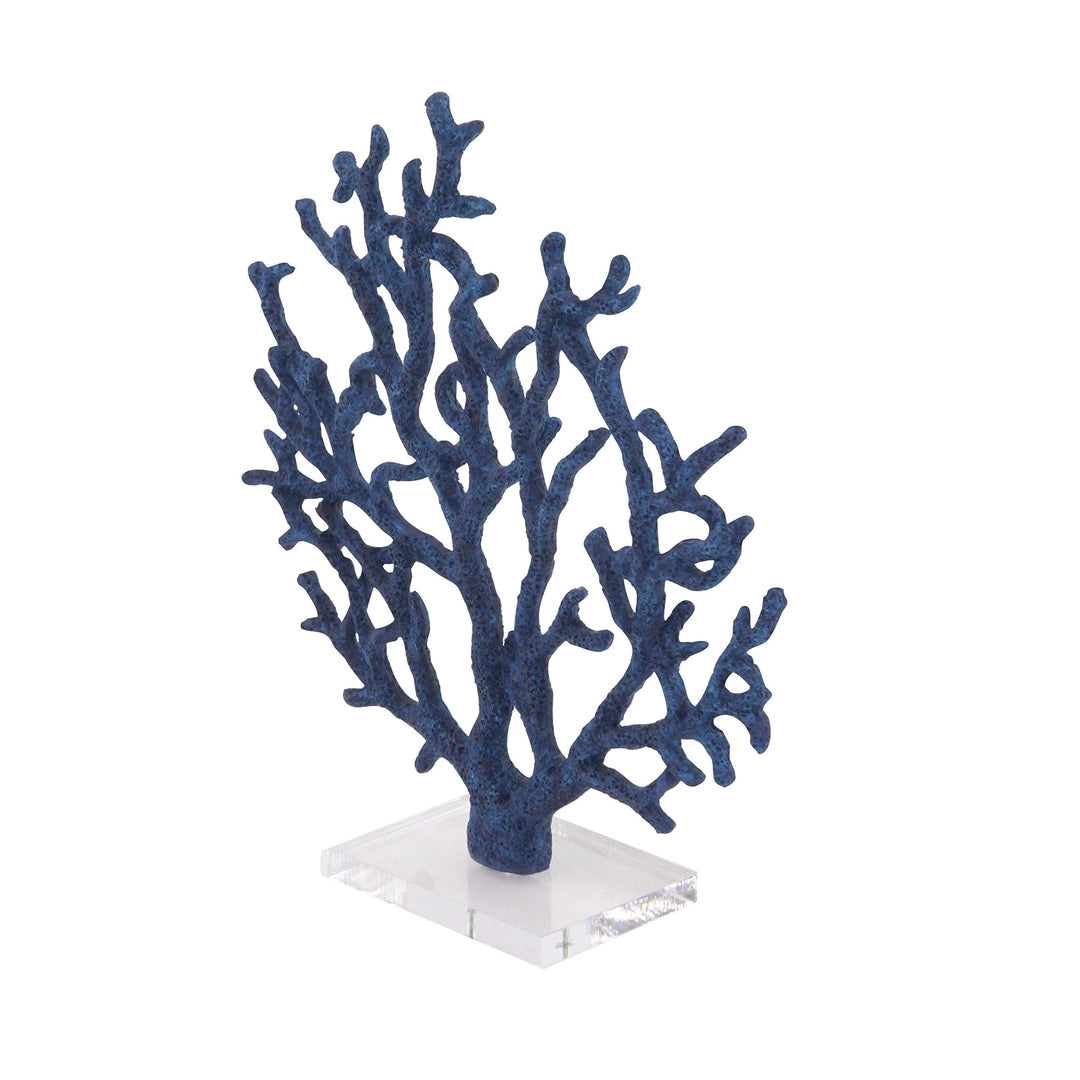 Coastal Polystone Blue Branched Coral Sculpture Nautical Resin Brass Finish