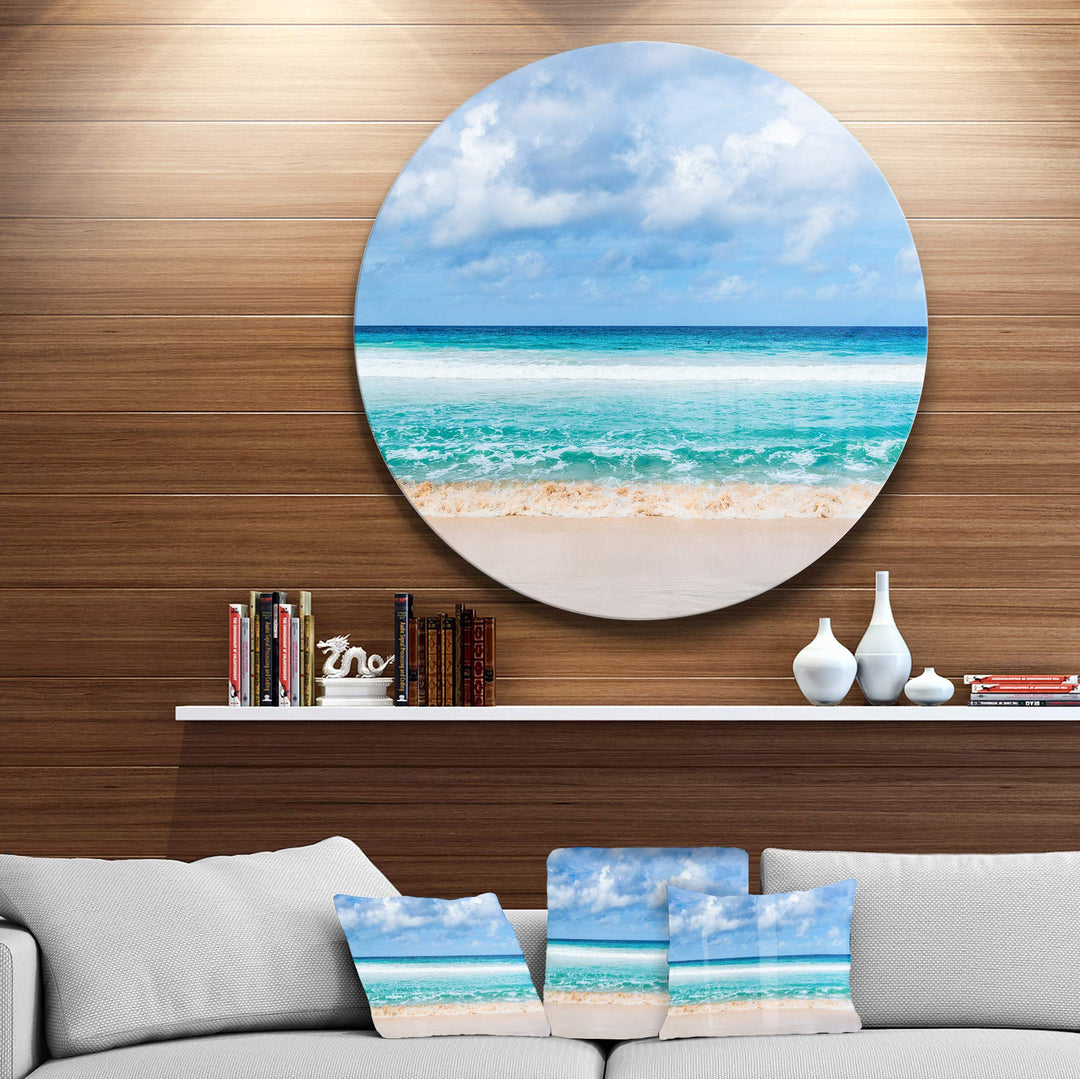 Designart Tranquil Beach Under White Clouds Modern Seascape Round Metal Wall 23 x 23 - disc of 23 inch