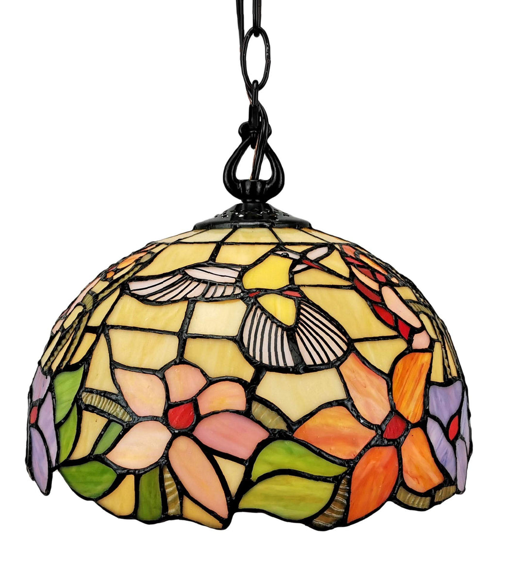 Tiffany Style Hanging Pendant Lamp 12" Wide Stained Glass Shade Yellow Green Red Pink/Yellow/Red