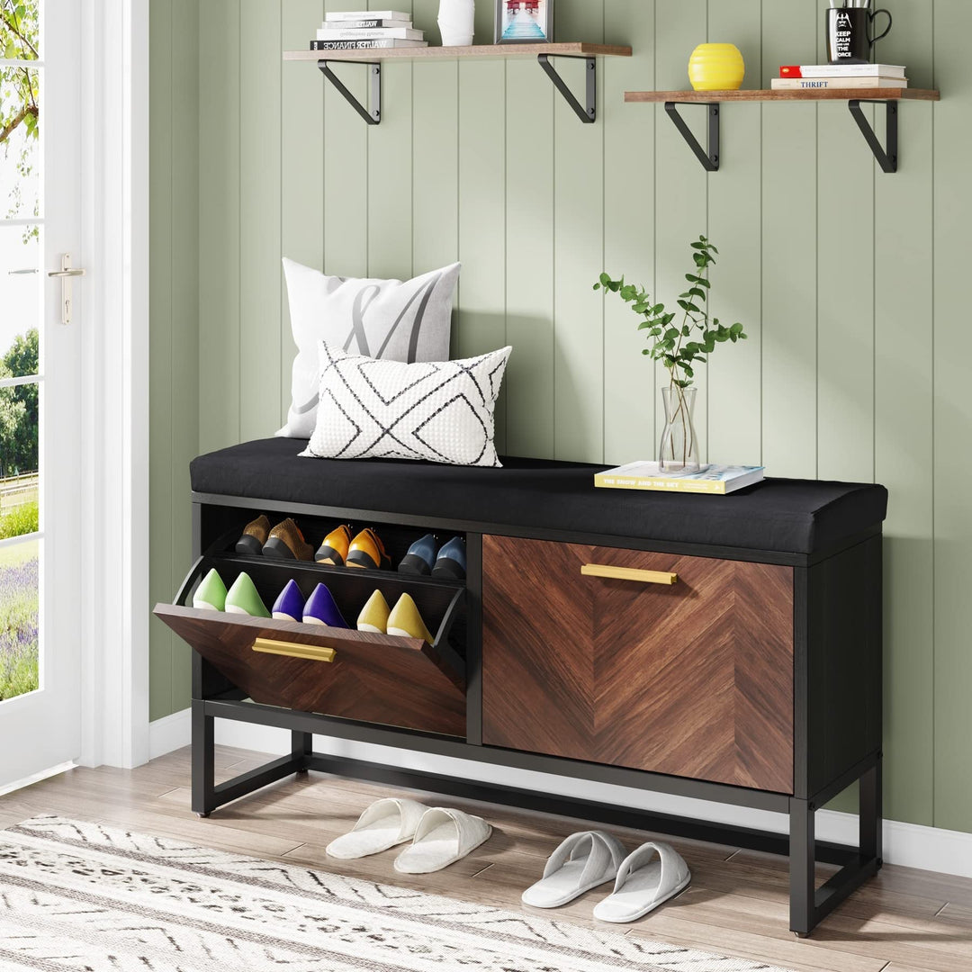 Shoe Storage Bench with Cushion Entryway 2 Flip Drawers Black Brown Solid Black + Rustic Brown