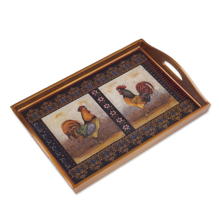 Handmade Crowing Roosters Reverse Painted Glass Tray (Peru) 2.4" H X 17.75" W