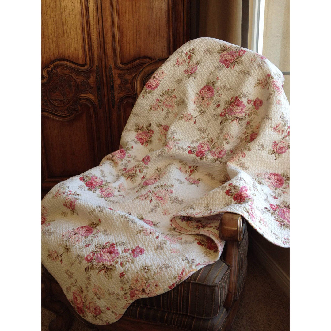 Chic Shabby Spring Rose Quilted Throw Pink Floral Farmhouse Victorian Cotton