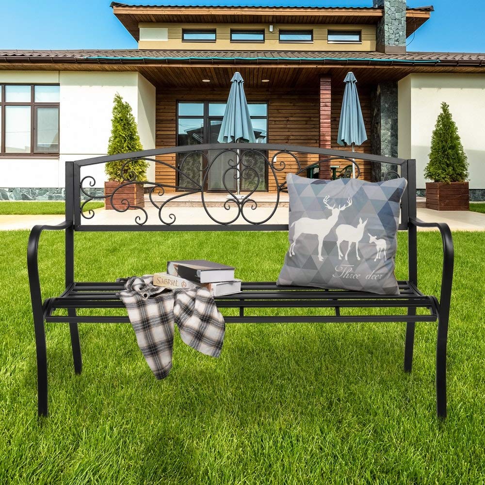 51" Patio Park Garden Outdoor Bench Porch Chair Deck Iron Frame Black Modern