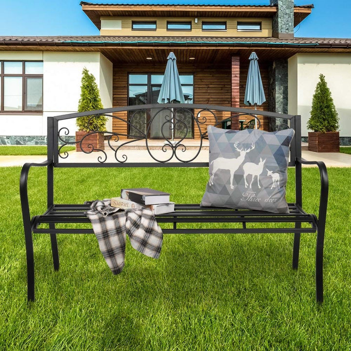 51" Patio Park Garden Outdoor Bench Porch Chair Deck Iron Frame Black Modern