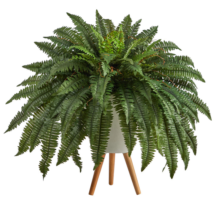 Nearly Natural 2.5ft. Boston Fern Artificial Plant in White Planter with Legs