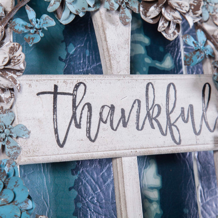 Metal and Wood Thankful Cathedral Window Wall Decor Blue White Shabby Chic