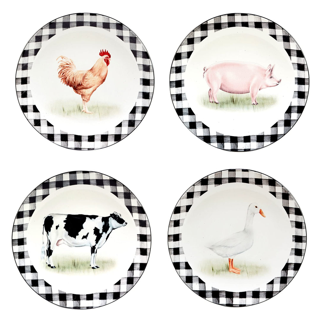 9" Salad/dessert Plates Set Of 4 X Black Multi Color White Animal Casual