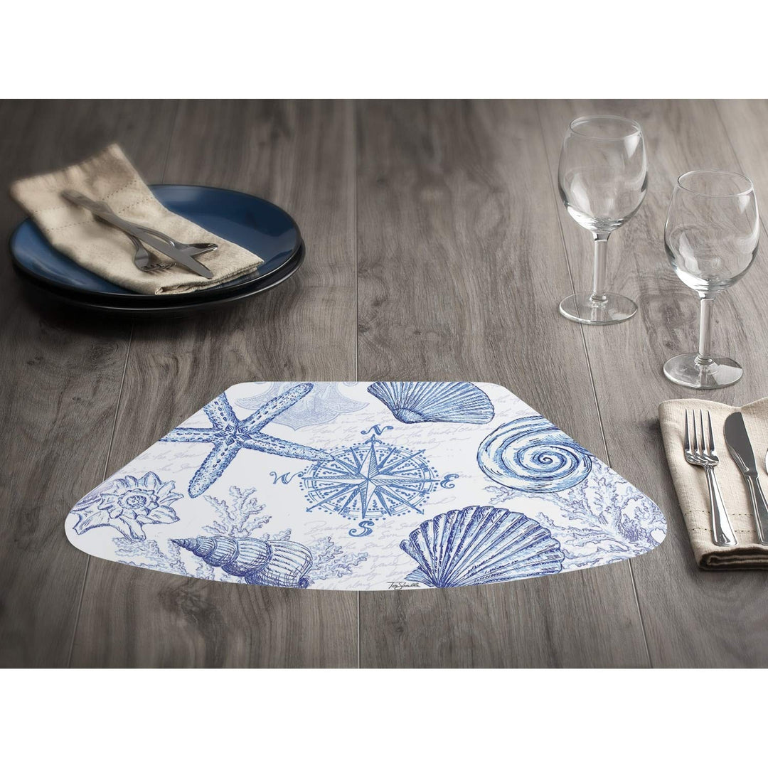 Reversible Wipe-Clean Wedge Shaped Placemats Set of 4 Coastal Sketch Multi Color