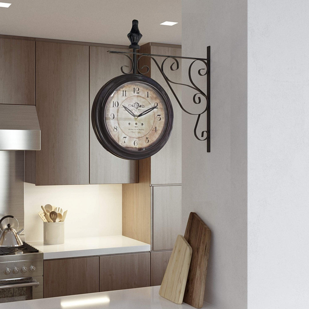 Double Sided Iron Wall Clock Black White Traditional Round Metal Wood Walnut