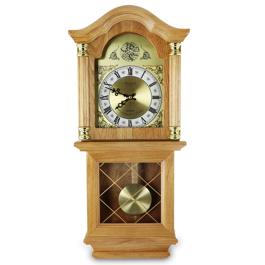 Classic 26" Wall Clock with Pendulum Brown Rectangular Wood Finish