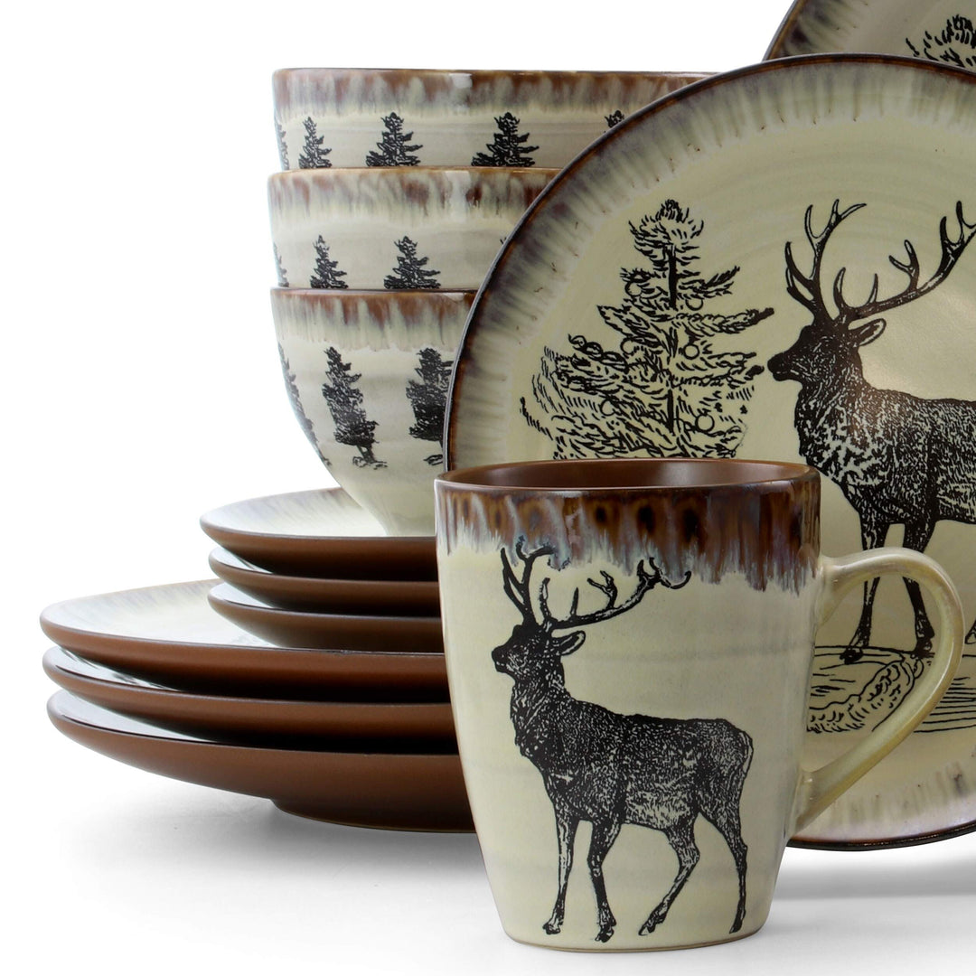 Moose Piece Round Stoneware Dinnerware Set in Taupe Beige Animal Casual 16