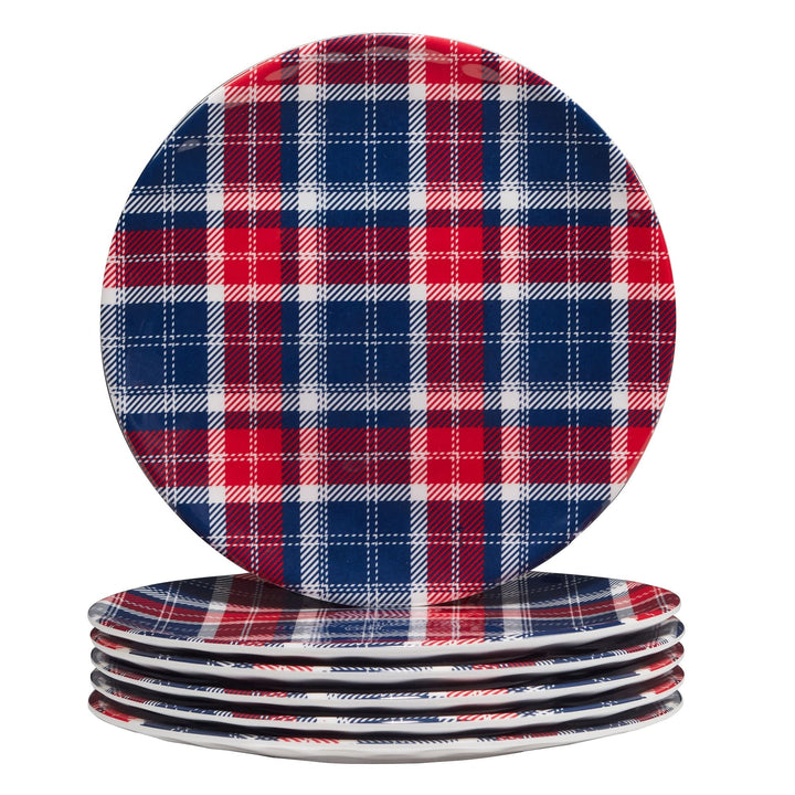 Patriotic Plaid 9" Salad/dessert Plates Set Of 6 Dia. Blue Red White Stripe