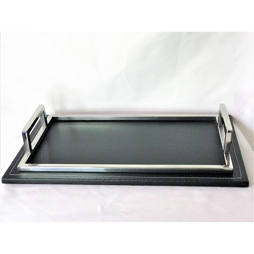 Silver and Black Leather Rectangular Tray with Side Chrome Handles Threaded Trim