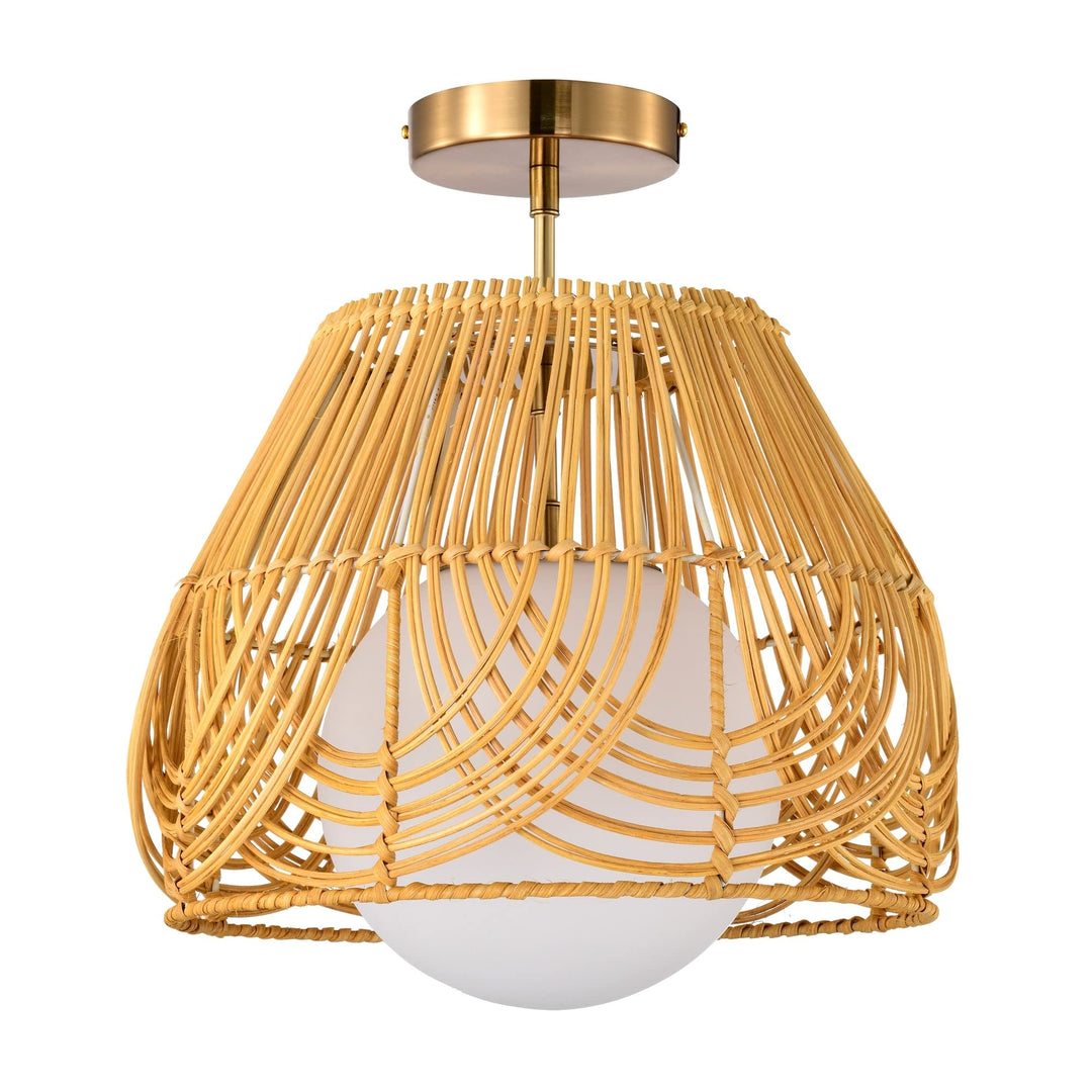 13 Inch Natural Rattan Semi Flush Mount 1-Light Beige Scandinavian Glass Metal - Diamond Home USA