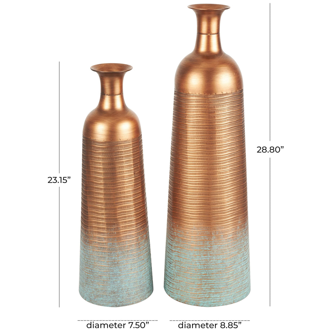 Copper Metal Ribbed Textured Vase with Distressed Teal Accents (Set of 2) Iron