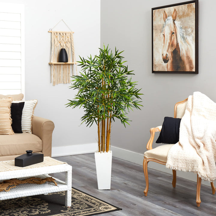 Nearly Natural 5812 5’ Bamboo Artificial Tree in White Tower Planter Green