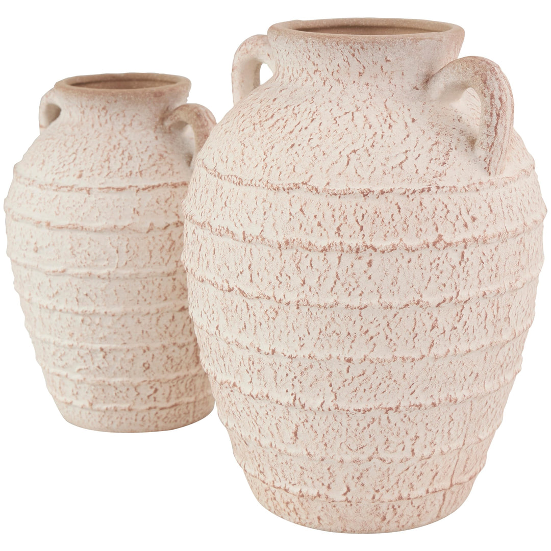 Cream Ceramic Textured Vase with Handles and Terracotta Accents (Set of 2)