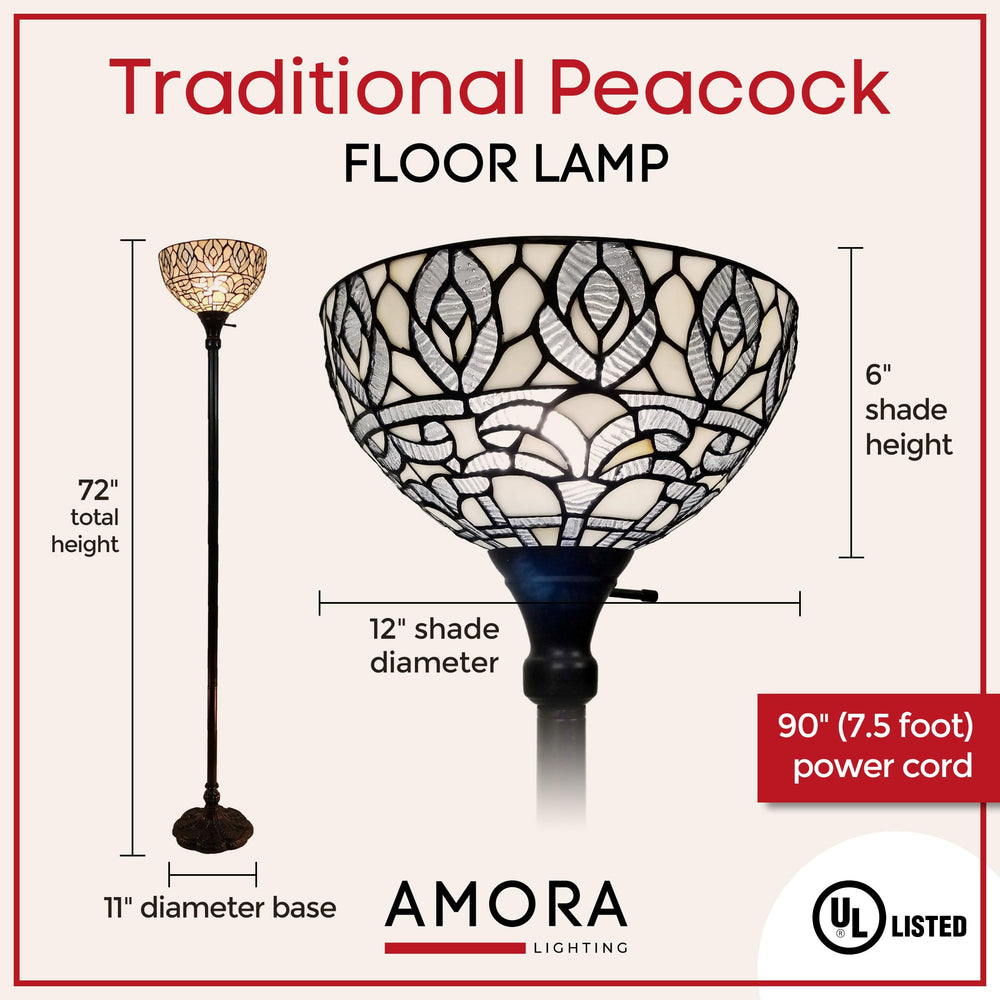 Amora Upright Tiffany Floor Lamp - 72” White Peacock Stained Glass Floor Lamp - Diamond Home USA