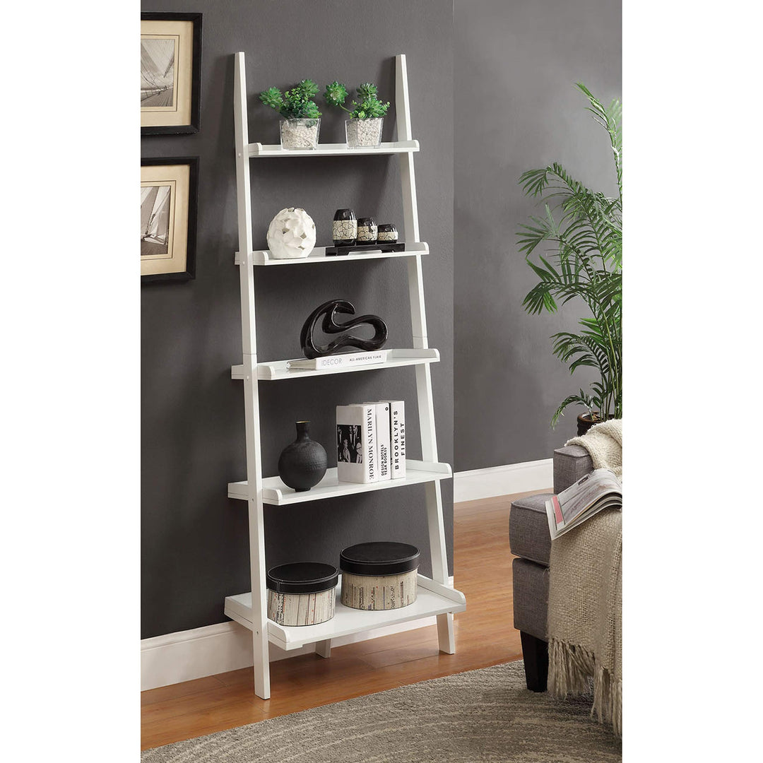 6ft White Leaning Bookcase Ladder Shelf Wood 5 Tier Bookshelf Tilted Against