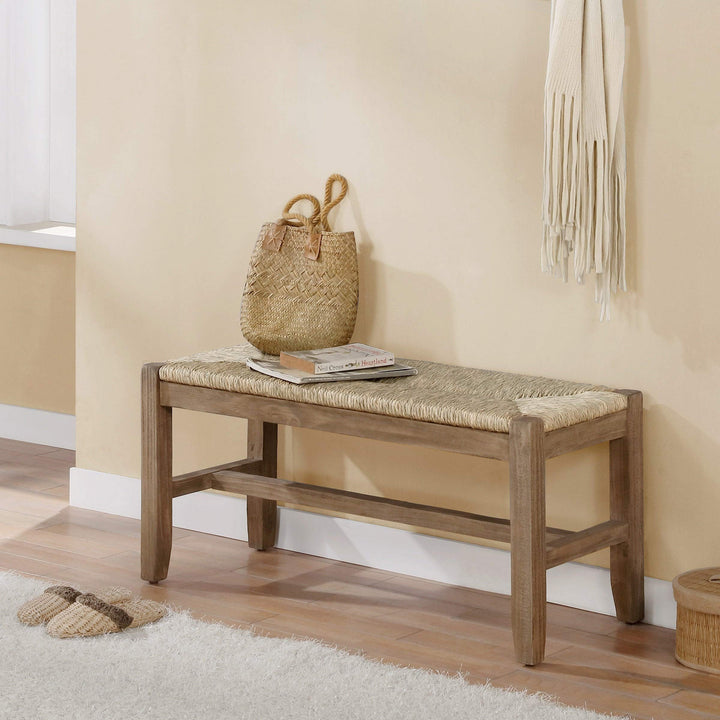 40-inch Wood Bench with Rush Seat Natural Solid Rustic Finish