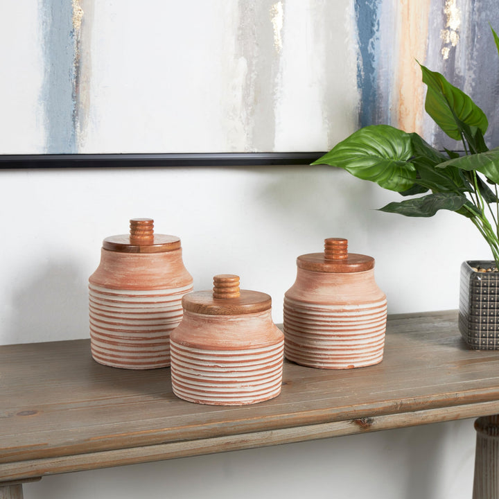 Light Brown Ceramic Decorative Jars With Wood Lids (Set Of 3)